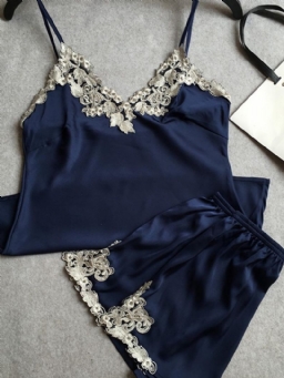 Kirjontapitsi Satiini Pyjama Camisole Short Setit Yöasut