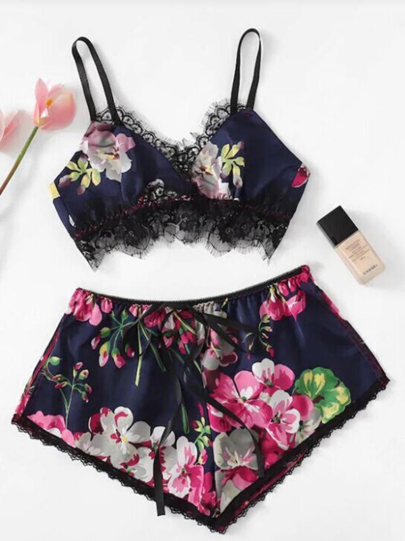 Seksikäs Kukkakuvioinen Satin Pyjama Cami Set Yöasut