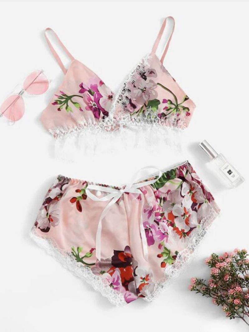 Seksikäs Kukkakuvioinen Satin Pyjama Cami Set Yöasut