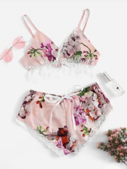 Seksikäs Kukkakuvioinen Satin Pyjama Cami Set Yöasut