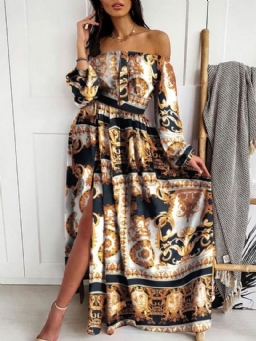 Tulosta Pitkähihainen Lattiapituinen Toimiston Naisten Neulemekko Kukkakuvioinen Maxi-Mekko Rantamekot Naisille