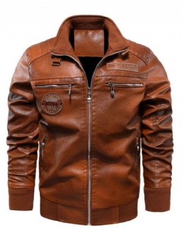 Stand Collar Standard Plain Patchwork Slim Nahkatakki