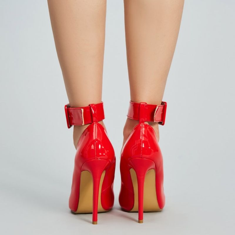 Red Buckle Plain Stiletto Heel Pumps
