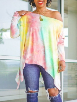 Tie Dye Pitkähihainen Keskipitkä Vino Kaulus Löysä Kesä T-Paita