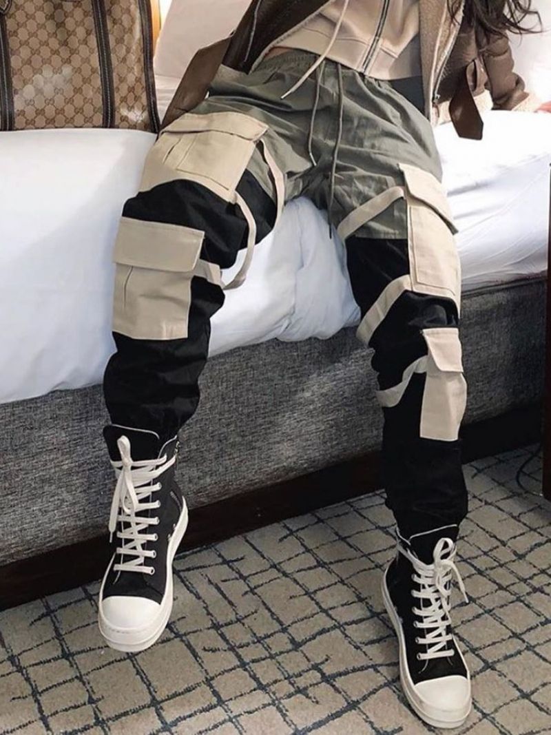 Cargo Pants Pocket Color Block Ohuet Naisten Vapaa-Ajan Housut