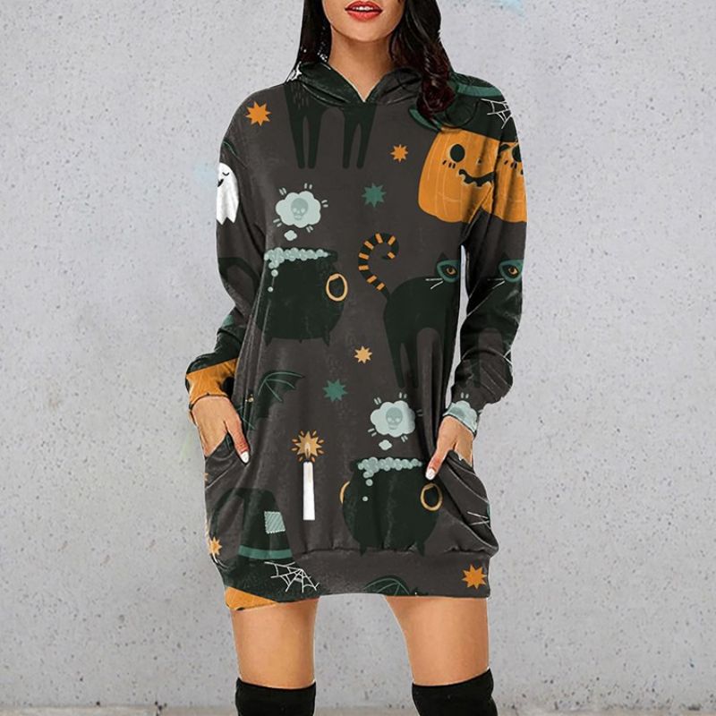 Pitkähihainen Polven Yläpuolella Hupullinen Western Pullover Rento Mekko