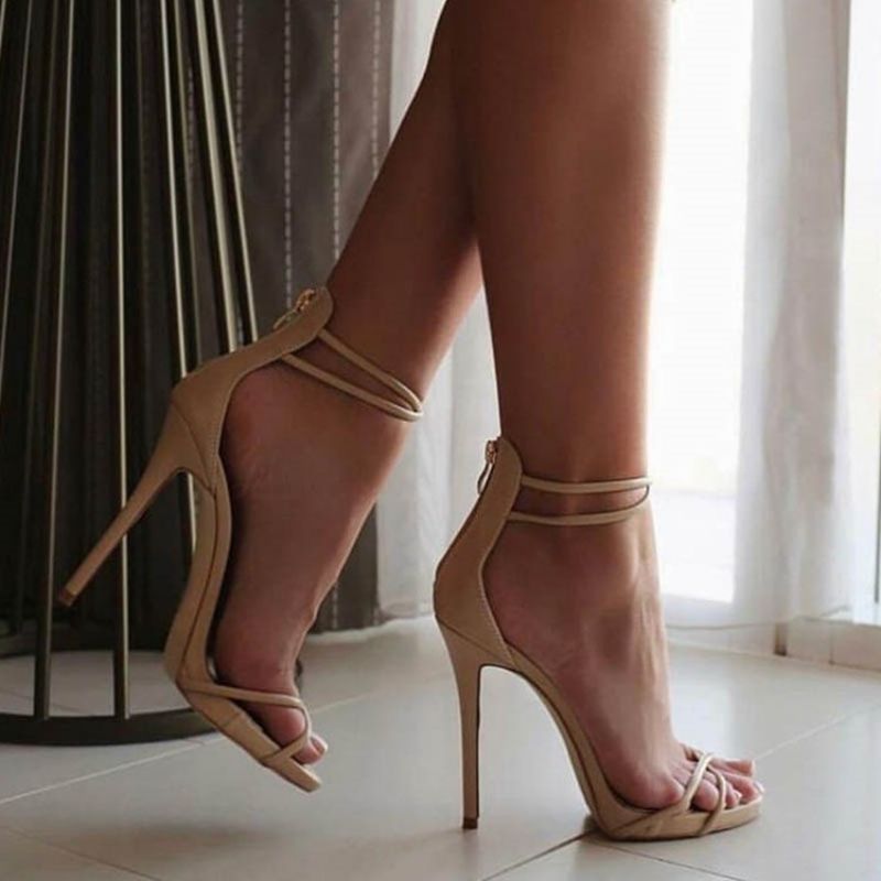 Pu Plain Open Toe Vetoketju Stiletto Heel Sandaalit