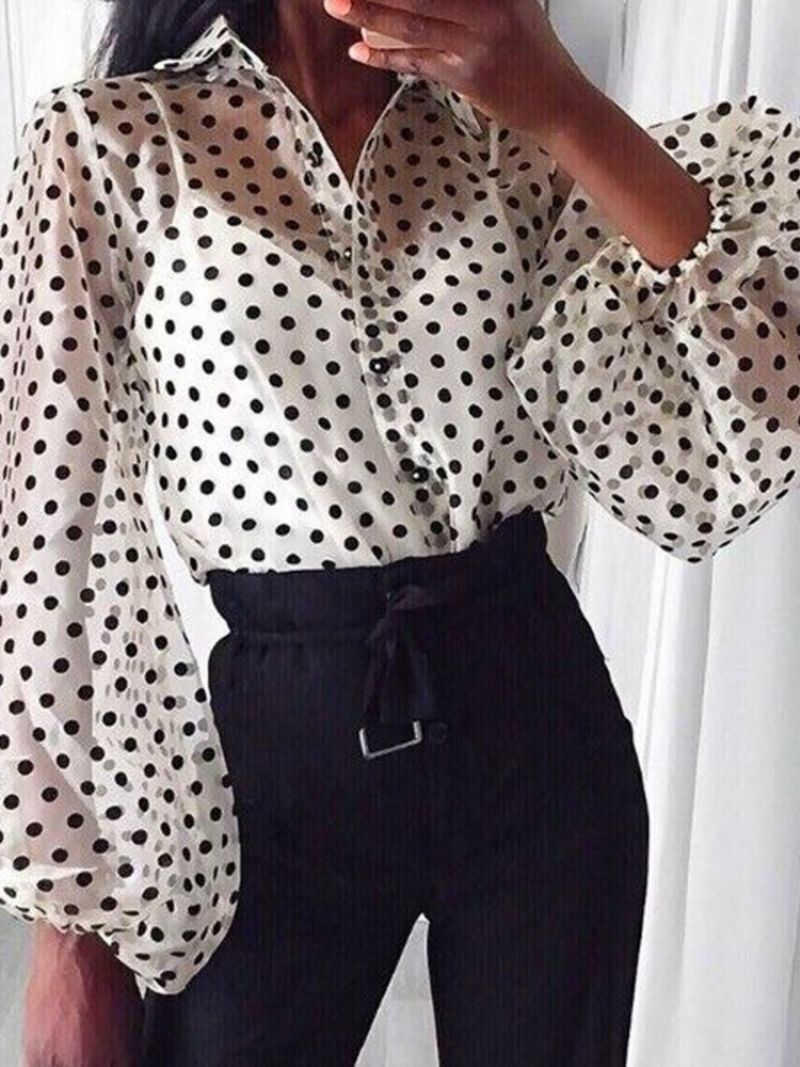 Lantern Sleeve Lapel Polka Dots Naisten Pitkähihainen Vakiopusero