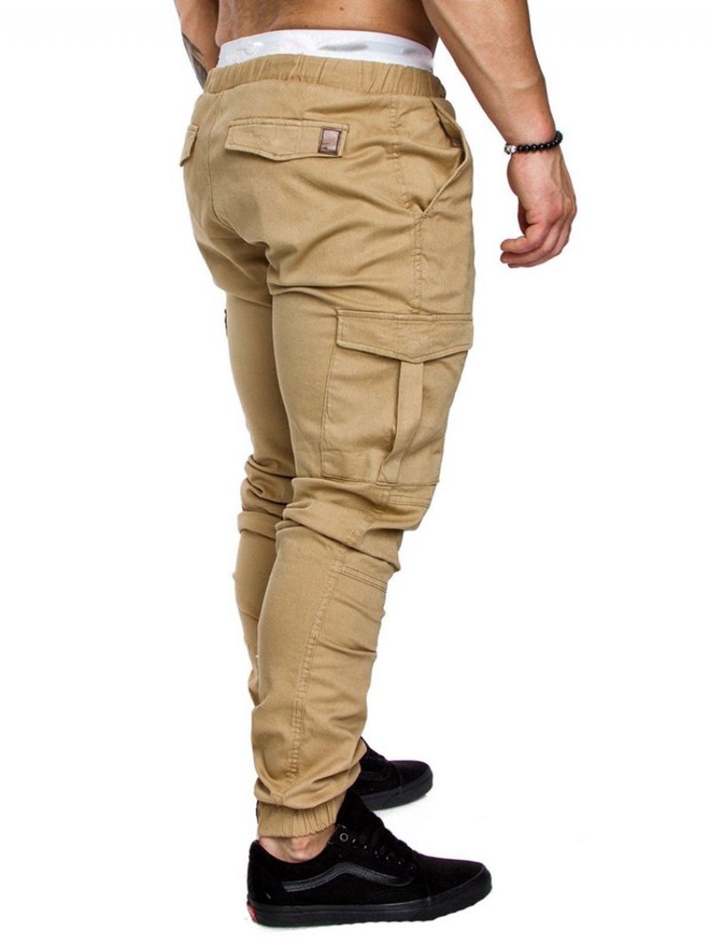Cargo Pants Tavalliset Khaki Lace Up Pocket Miesten Vapaat Housut