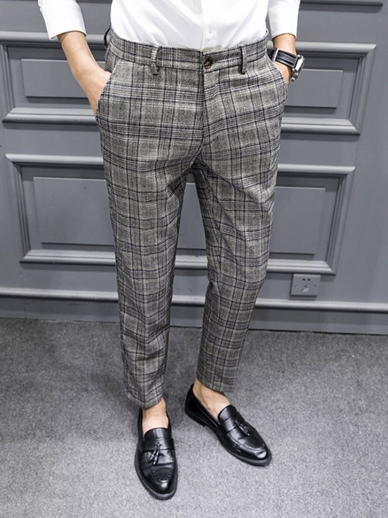 Plaid Print Pencil Pants Fall Vetoketjullinen Miesten Vapaa-Ajan Housut