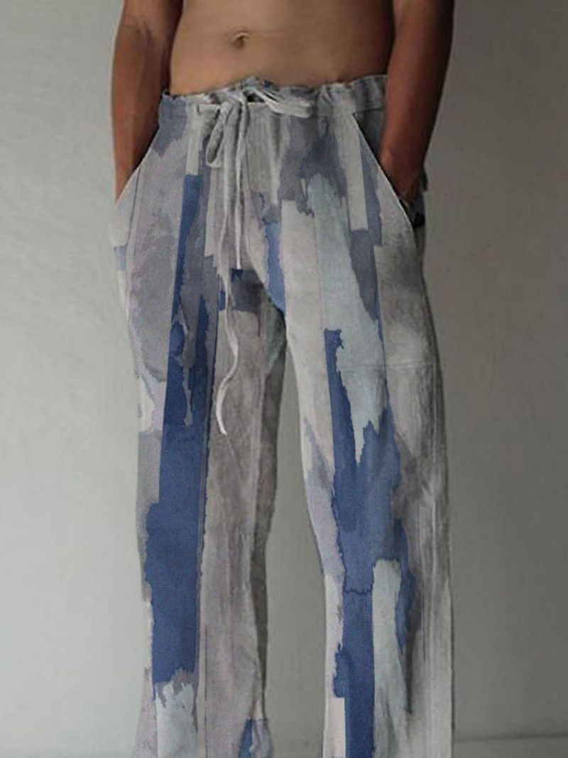 Print Straight Lace-Up Miesten Vapaa-Ajan Housut Puuvillasekoituksia