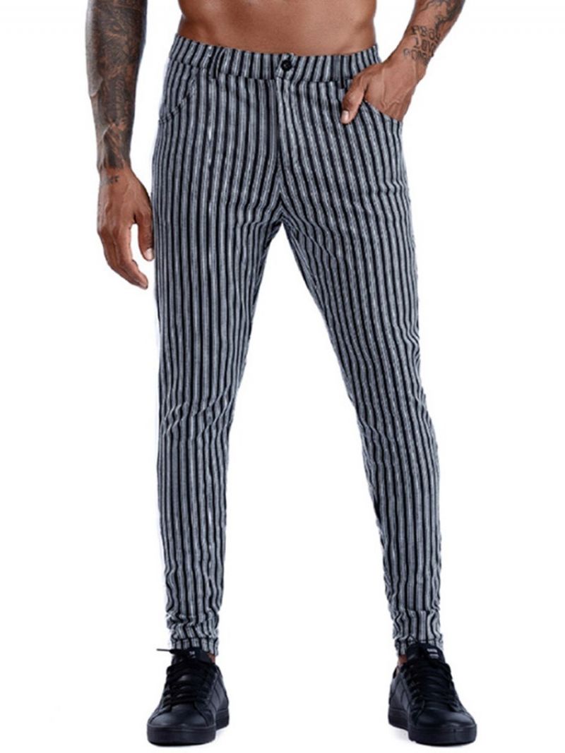 Stripe Pocket Pencil Pants Vetoketju Keskivyötäröllä Miesten Vapaat Housut