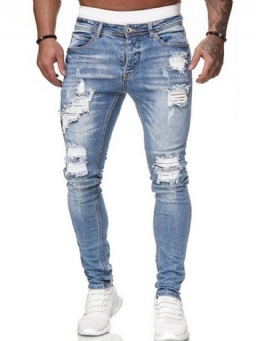Hole Pencil Pants Pelkkä Vaalea Vetoketju Keskivyötäröllä Miesten Farkut