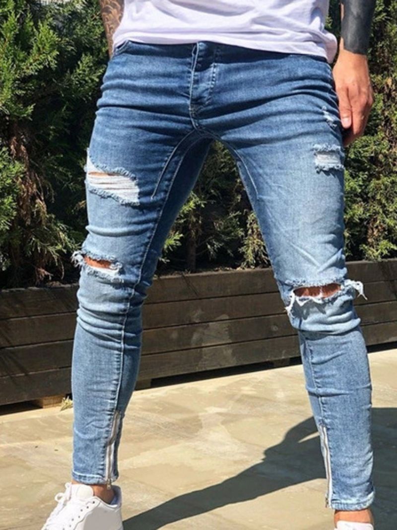 Hole Pencil Pants Vetoketju Täyspitkät Miesten Vapaa-Ajan Farkut