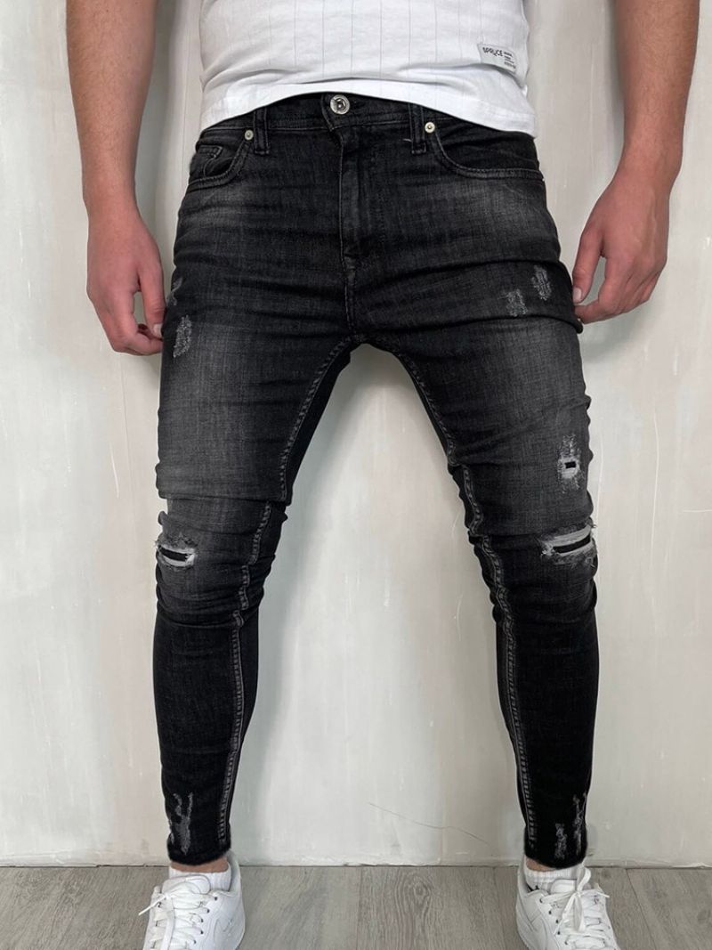 Hole Plain Pencil Pants Vetoketju Muoti Rennot Farkut