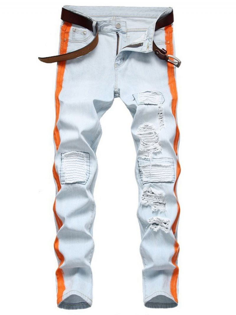 Hole Straight Color Block Vetoketju Mid Waist Farkut