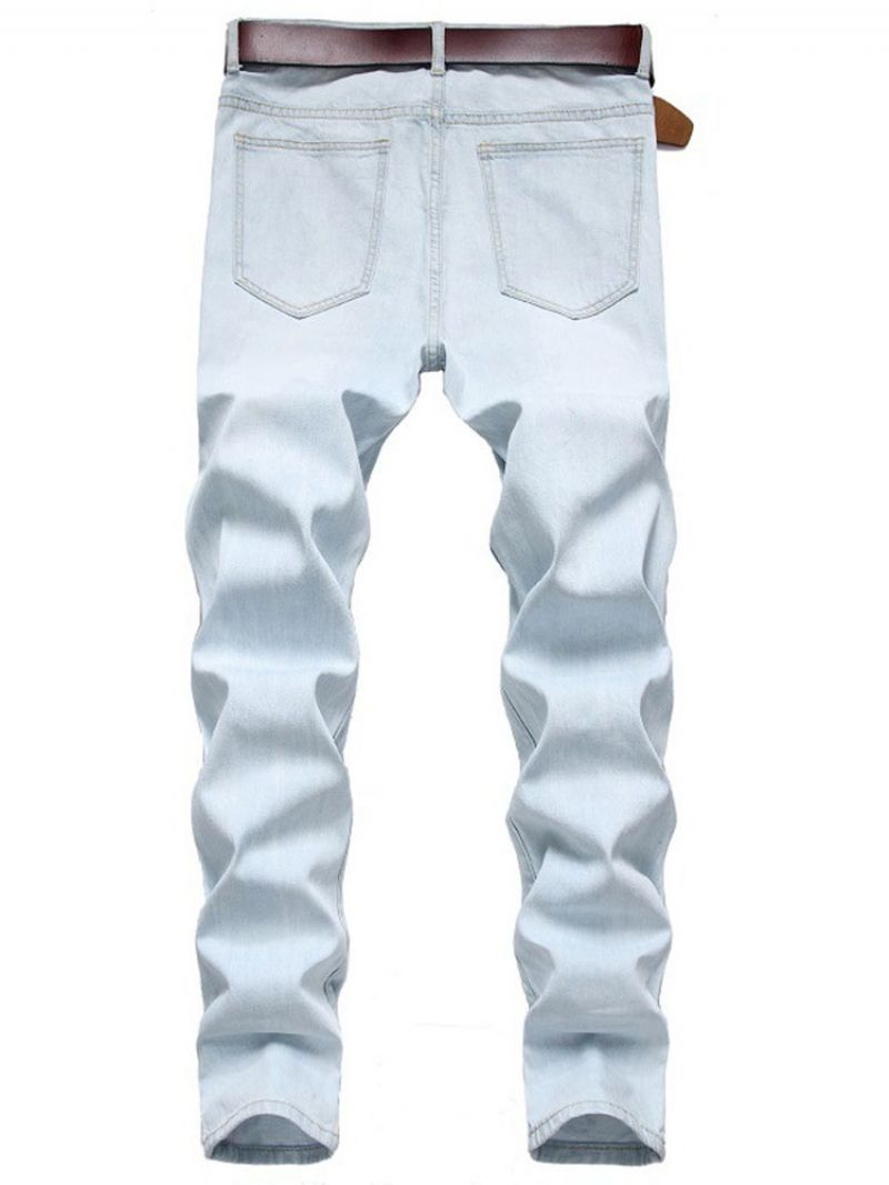 Hole Straight Color Block Vetoketju Mid Waist Farkut