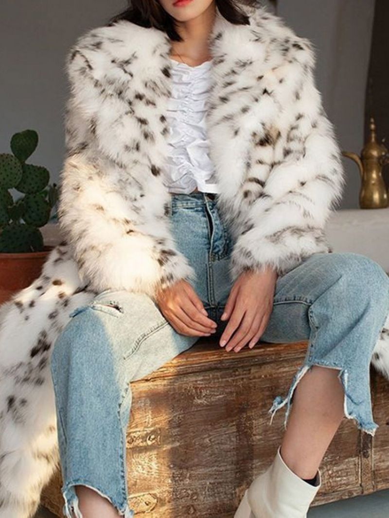 Lapel Leopard Pitkä Talvi Paksu Tekoturkistakki