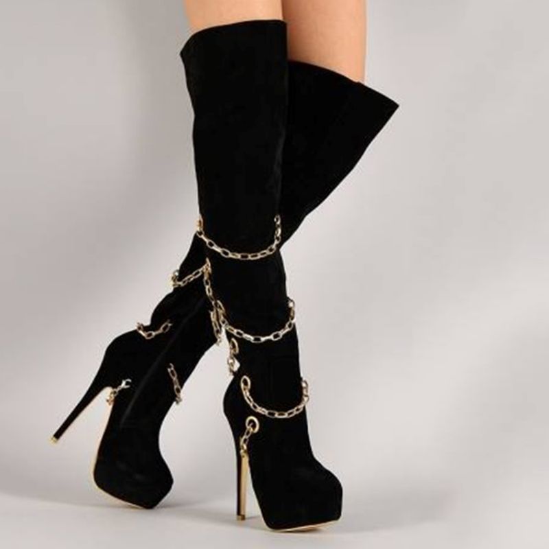 Ainutlaatuiset Chain Platform Stiletto Heel Reiden Korkeat Saappaat