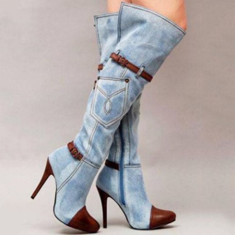 Denim Patchwork Stiletto Heel Polvisaappaat