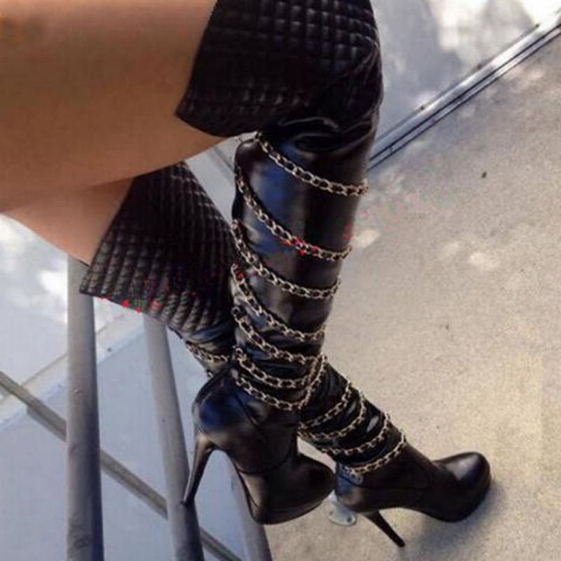 Ketju Takana Vetoketju Stiletto Heel Yli Polven Saappaat