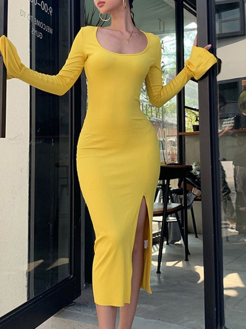 Pohkeen Puoliväliin Halkittu Pitkähihainen Bodycon-Neulemekko