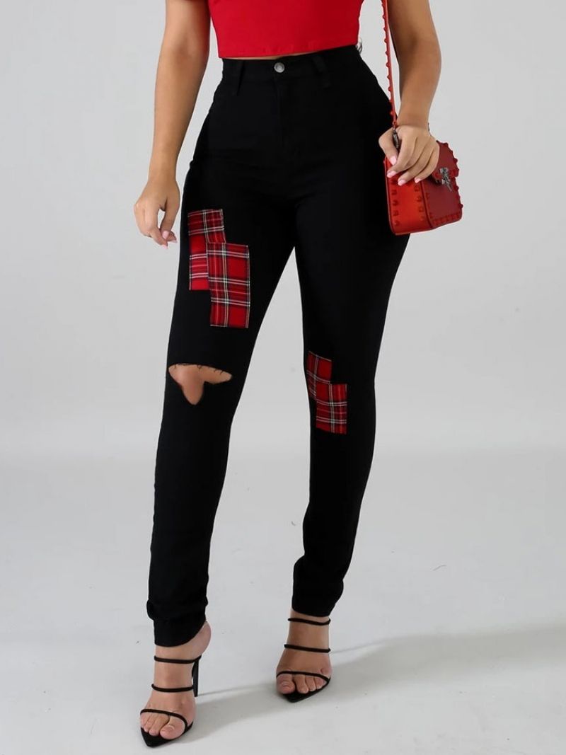 Hole Color Block Pencil Pants Hole Skinny Farkut