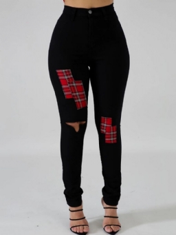 Hole Color Block Pencil Pants Hole Skinny Farkut