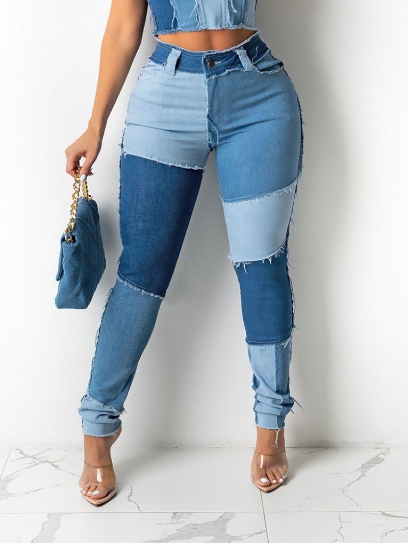 Revers Color Block Pencil Housut Vetoketju Naisten Skinny Farkut