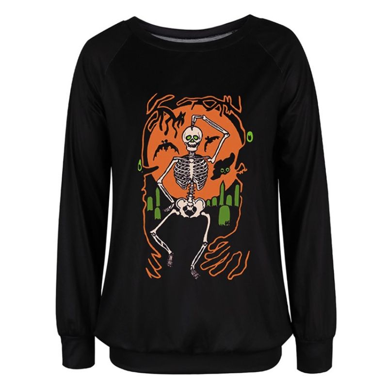 Halloween Print Skull Raglan Sleeve Pyöreäkaula-Aukkoinen Pitkähihainen Huppari