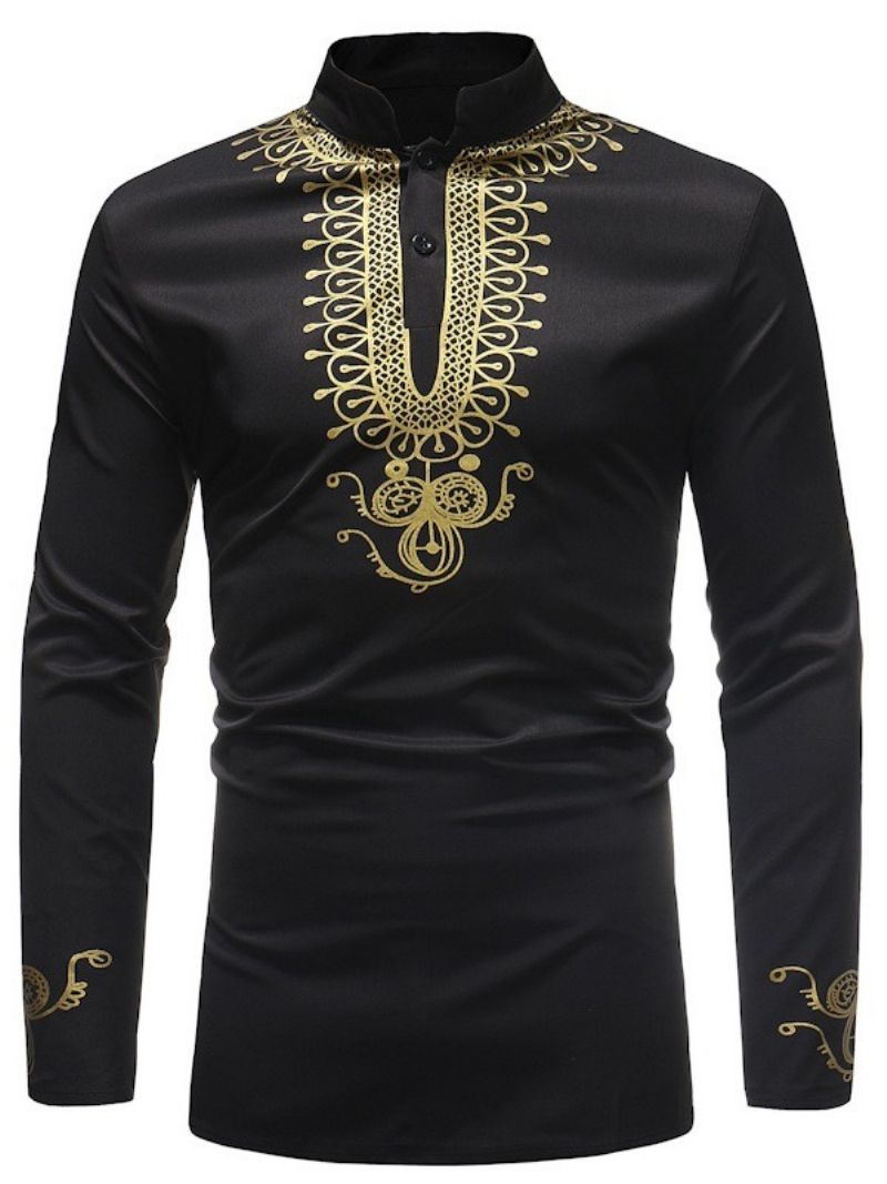 Afrikkalainen Muoti Kultainen Musta Dashiki Print Stand Kaulus Miesten Paidat