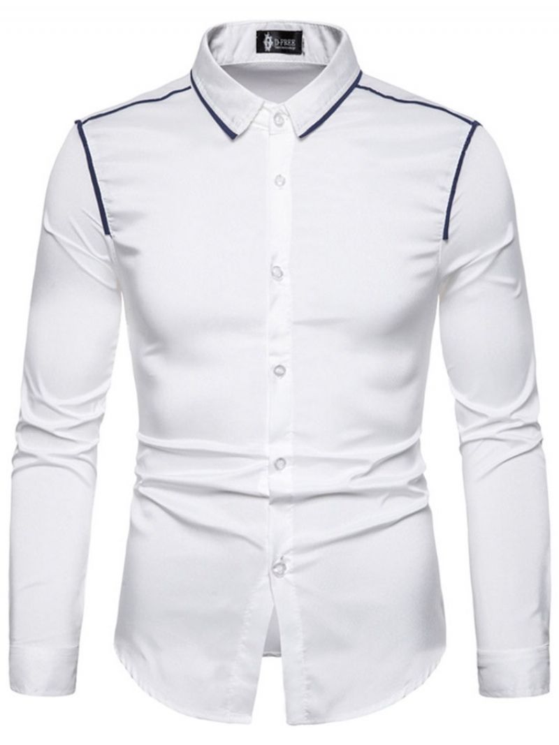 Color Block Button Lapel Miesten Ohut Paita
