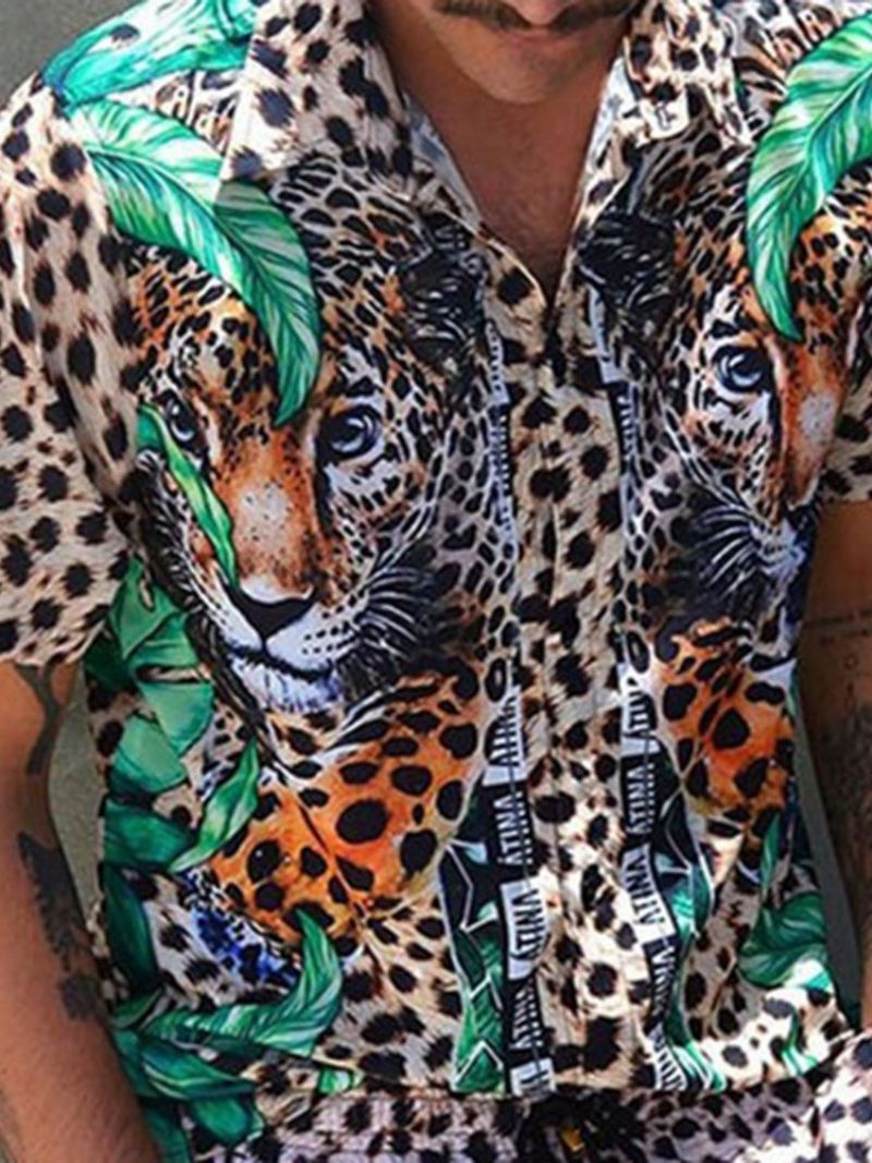 Lapel Leopard Print Miesten Ohut Paita