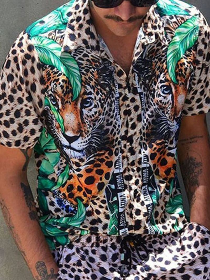 Lapel Leopard Print Miesten Ohut Paita