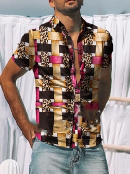Print Lapel Casual Yksirivinen Mikroelastinen Miesten Ohut Paita