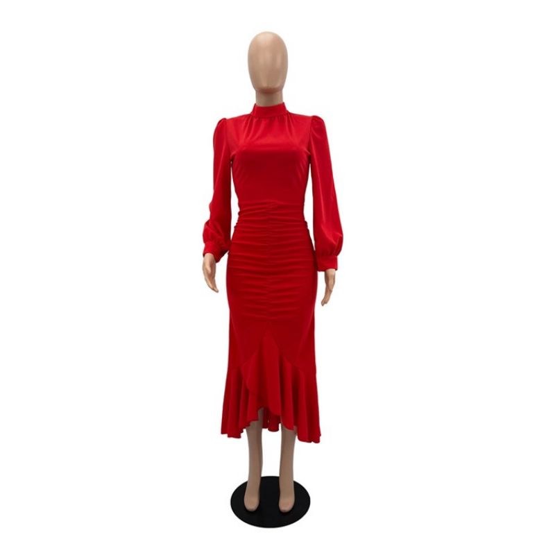 Epäsymmetrinen Pitkähihainen Keskipohkeen Merenneito Korkeavyötäröinen Bodycon-Mekko