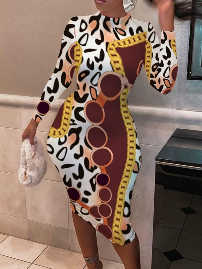Jalustakaulus Pitkähihainen Pohkeen Puoliväliin Ulottuva Tavallinen Geometrinen Bodycon-Mekko