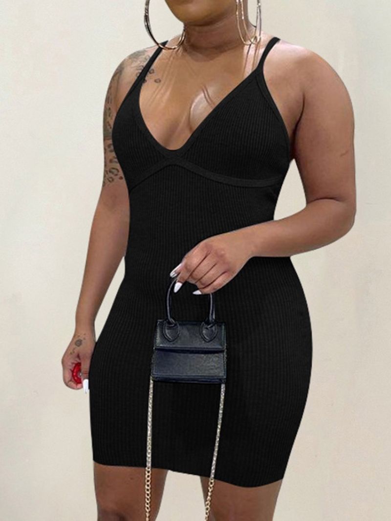 Pieni Musta Mekko V-Kaula-Aukkoinen Hihaton Polven Yläpuolella Oleva Villapaita Tavallinen Bodycon-Mekko