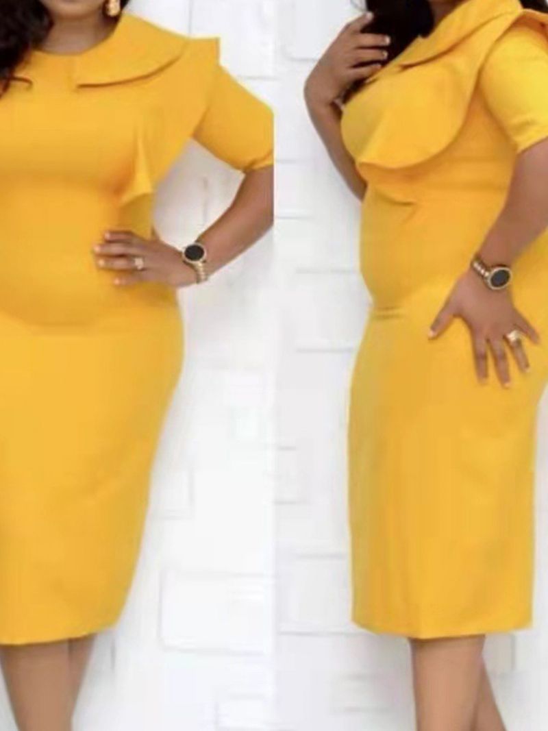 Pohkeen Puoliväliin Ulottuva Puolihihainen Falbala Bodycon Kesämekko