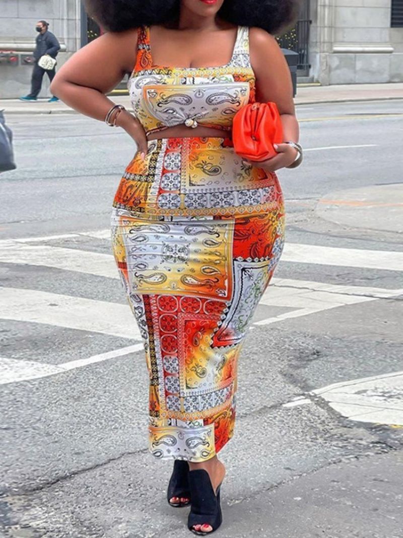 Hame Western Color Block Bodycon Square Neck Naisten Kaksiosaiset Setit Suuri koko