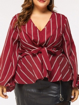 Lyhty Sleeve Stripe V-Kaula-Aukkoinen Pitkähihainen Standard Naisten Pusero Suuri koko