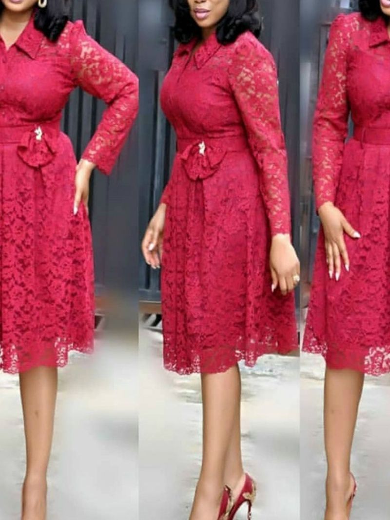 Plus-Kokoinen Pitsi Ol Lapel Hollow Bow Mid Waist Mekko