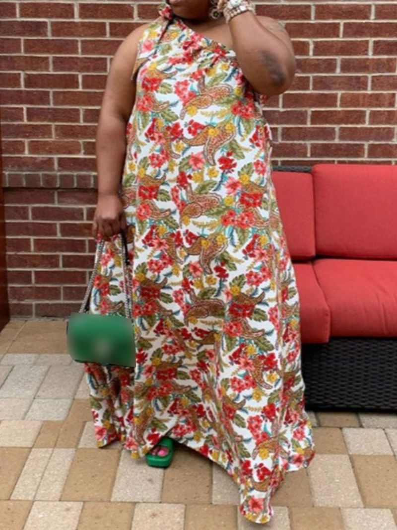 Tulosta Floor-Length Vino Kaulus Kukkainen Maxi Mekko Plus Koko