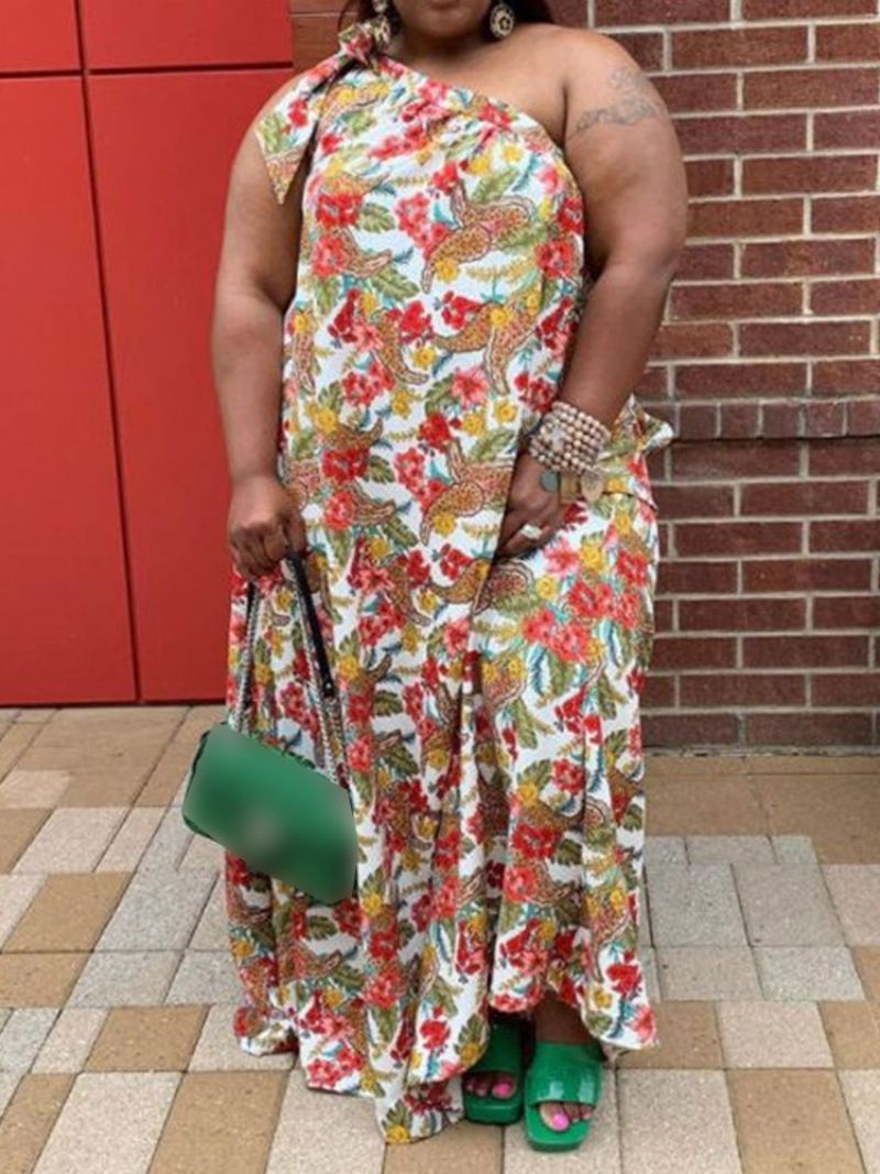 Tulosta Floor-Length Vino Kaulus Kukkainen Maxi Mekko Plus Koko