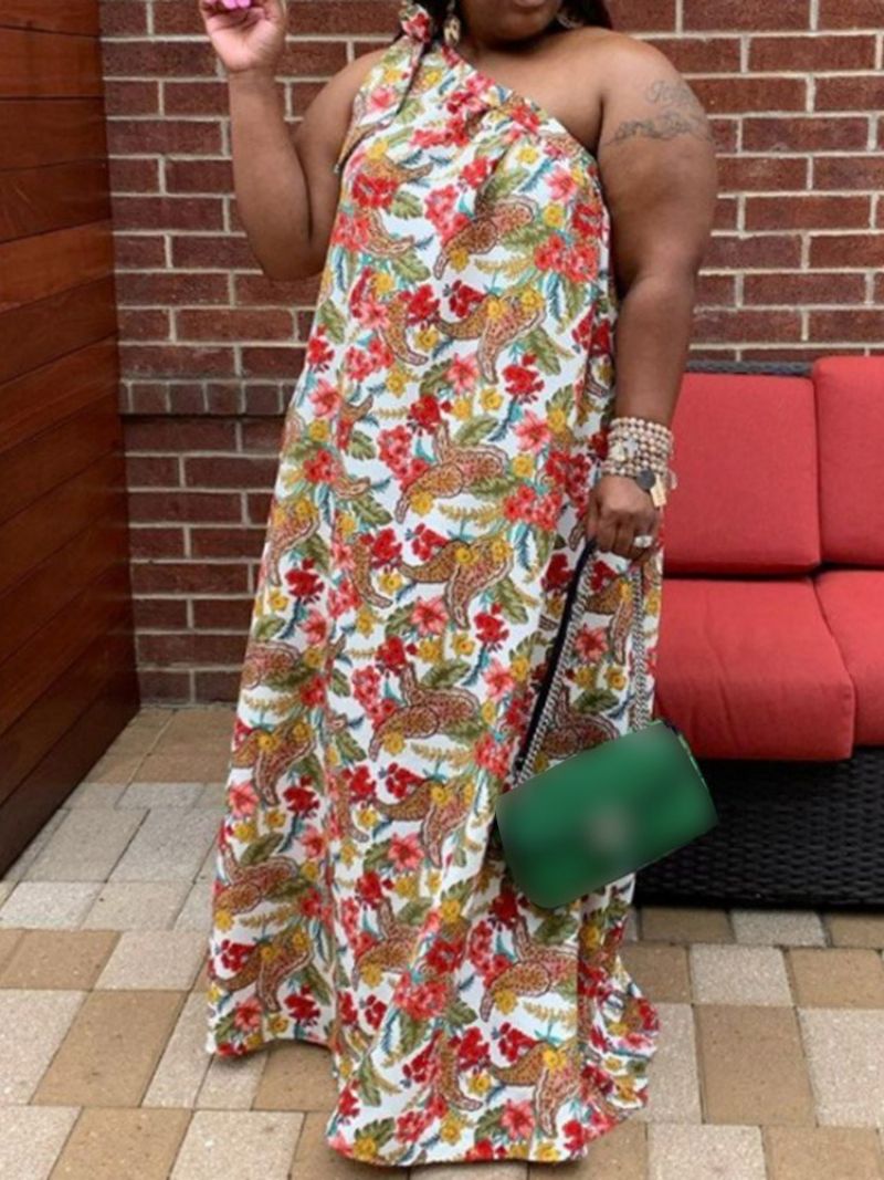 Tulosta Floor-Length Vino Kaulus Kukkainen Maxi Mekko Plus Koko