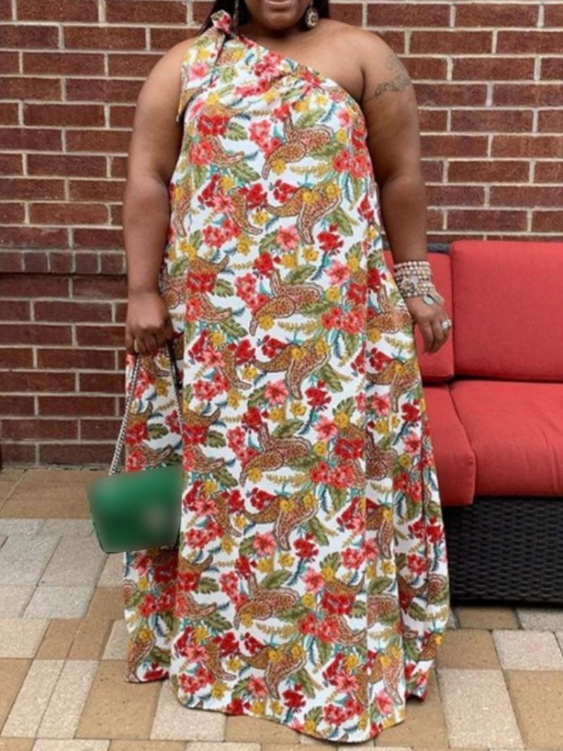 Tulosta Floor-Length Vino Kaulus Kukkainen Maxi Mekko Plus Koko