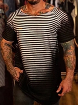 Print Stripe Round Neck Pullover Lyhythihainen Miesten T-Paita
